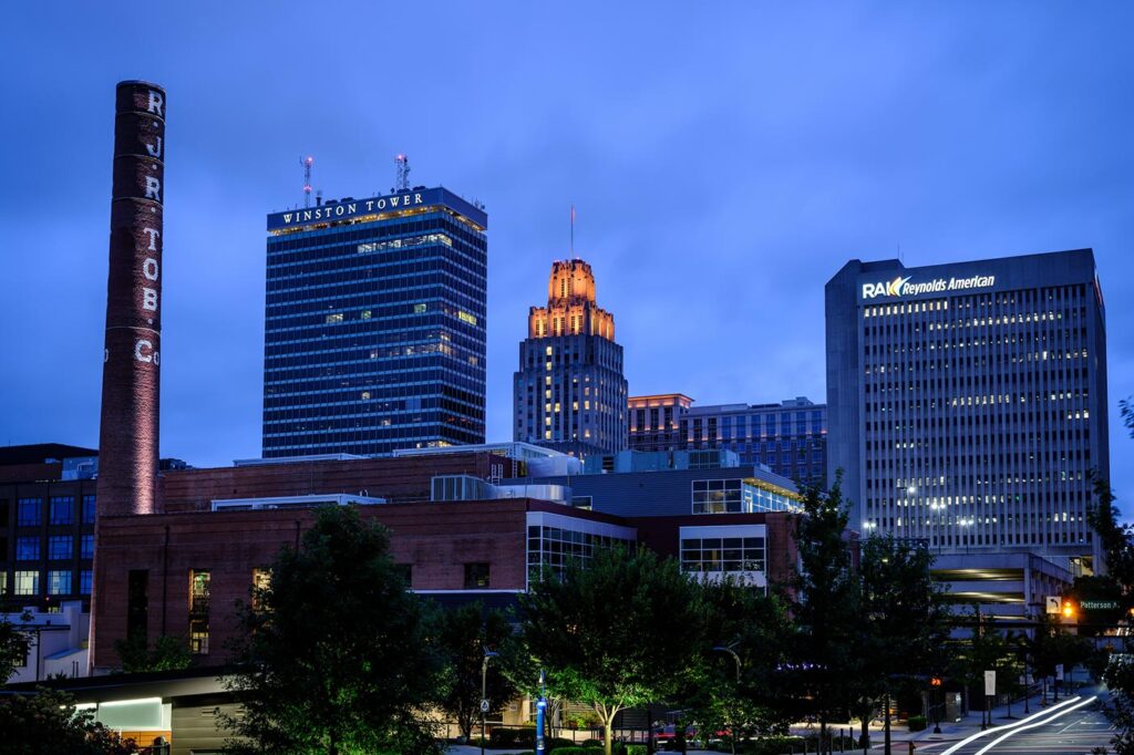 Winston-Salem, NC skyline with downtown high-rises against the sky