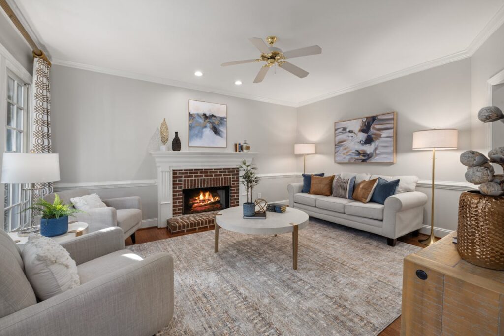 Cozy living room with fireplace in a Triad NC home for sale